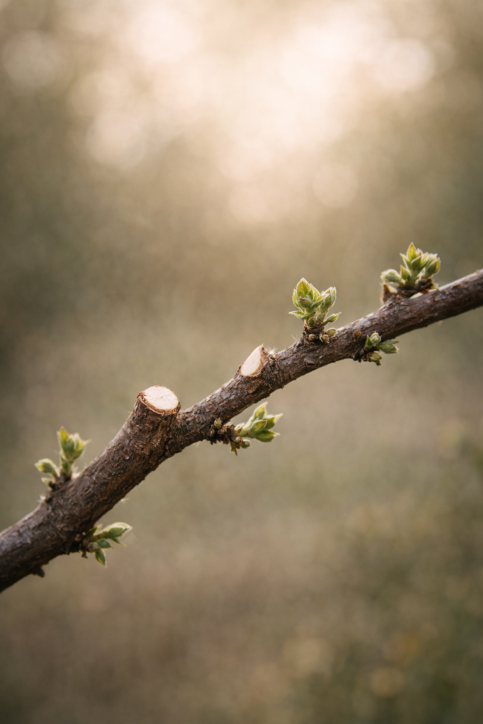 NO PAIN NO GAIN fresh growth on pruned branch