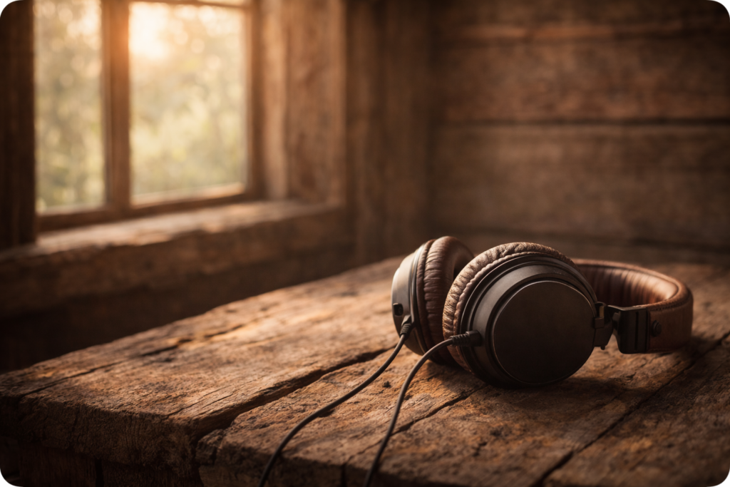 THE SOUND OF A CLEAR LIFE headphones on table
