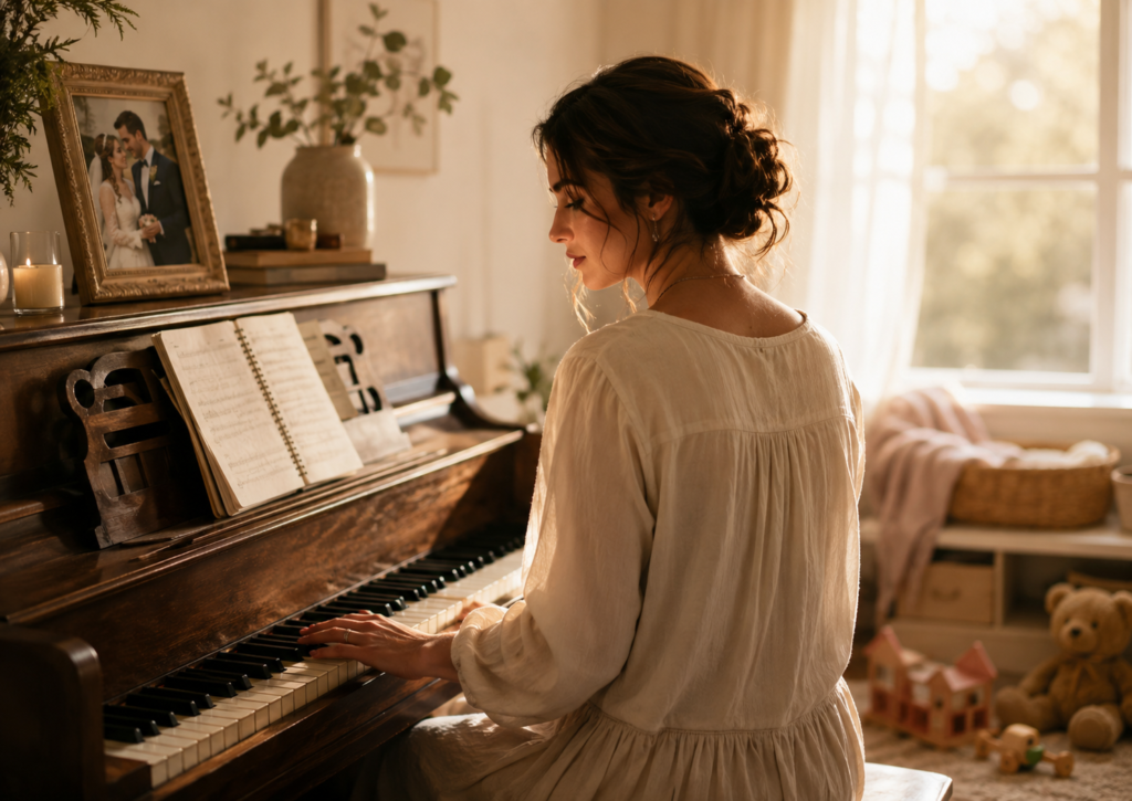 A reflective woman sitting at a piano in her family home, surrounded by reminders of marriage, motherhood, music, and a calling that has changed through different seasons.