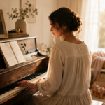 A reflective woman sitting at a piano in her family home, surrounded by reminders of marriage, motherhood, music, and a calling that has changed through different seasons.