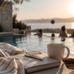A peaceful poolside scene with a journal and coffee representing rest, reflection, family time, and spiritual recalibration.
