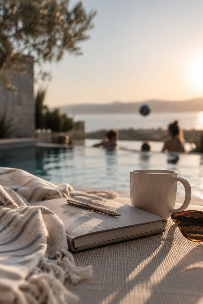 A peaceful poolside scene with a journal and coffee representing rest, reflection, family time, and spiritual recalibration.