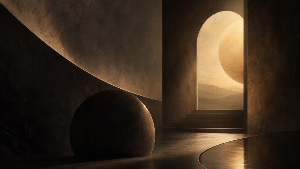 Abstract dark geometric forms and a golden illuminated archway with steps leading toward the light.