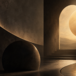 Abstract dark geometric forms and a golden illuminated archway with steps leading toward the light.