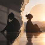 Abstract image of a woman moving from darkness into warm light, representing reflection, healing, and personal transformation.