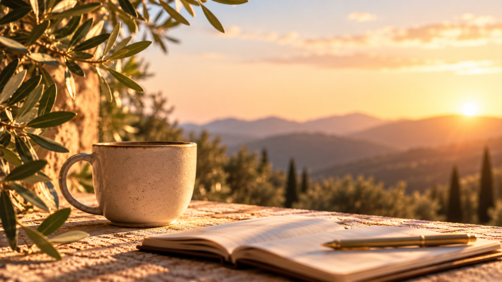 Open journal and coffee overlooking the mountains at sunset, representing reflection, wisdom, and spiritual growth.