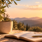 Open journal and coffee overlooking the mountains at sunset, representing reflection, wisdom, and spiritual growth.